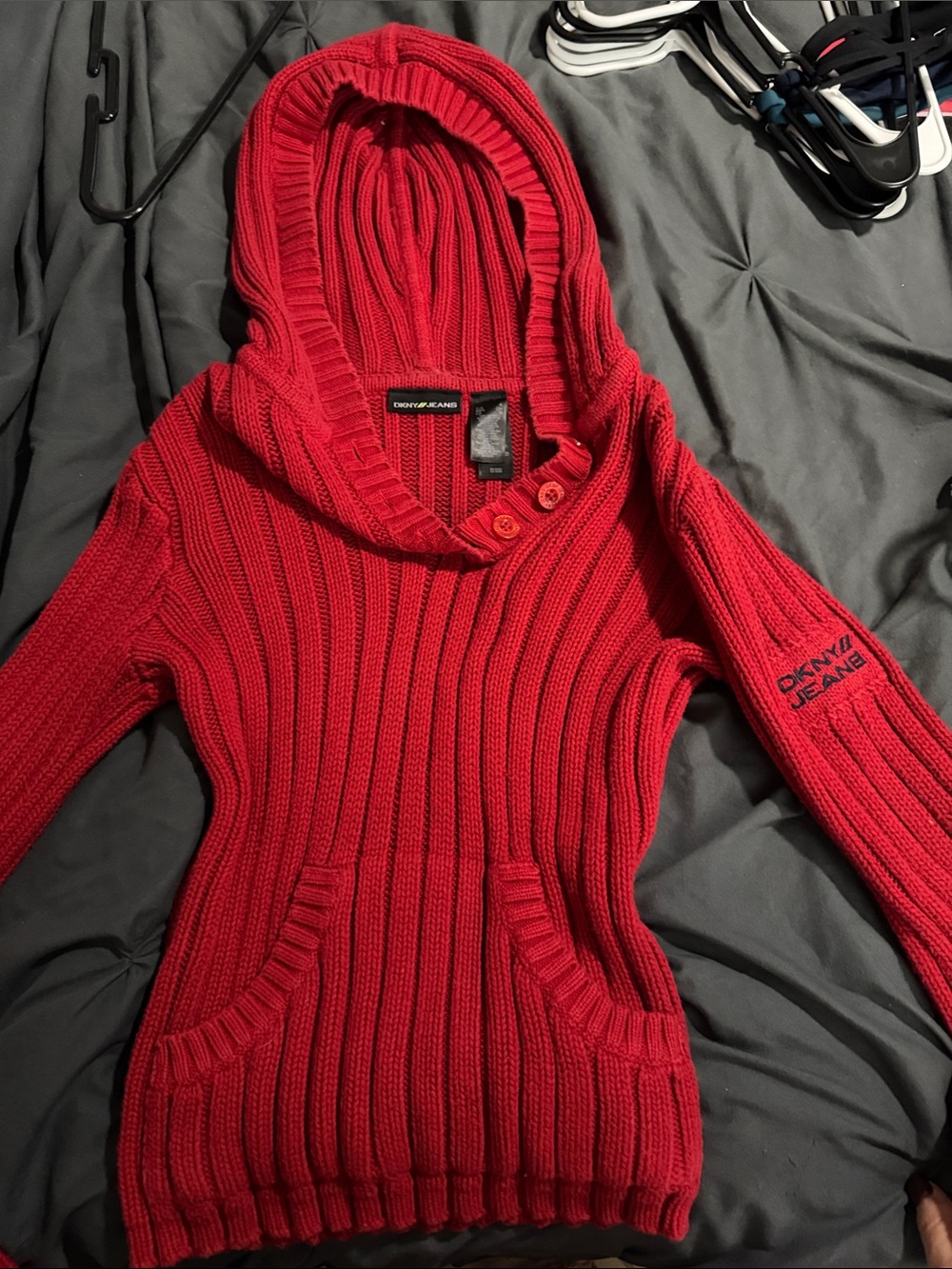 Dkny Red Ribbed Hooded Turtleneck Sweater